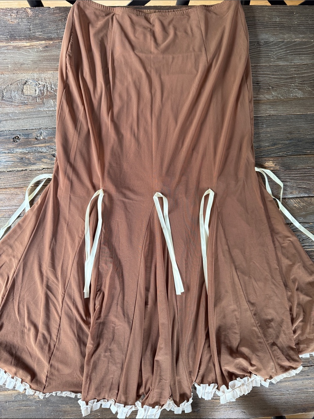 Cider chocolate Brown stretch ruffle trim retro look maxi skirt with bows 1XL - Picture 7 of 7